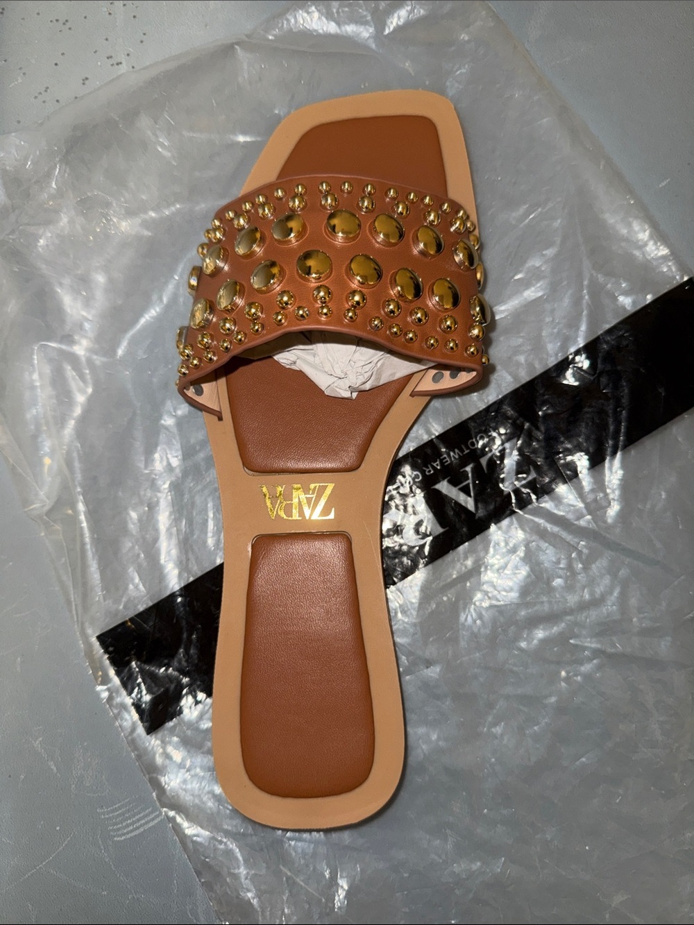 Zara Tan Brown Slide Sandal with Gold Stud Detailing